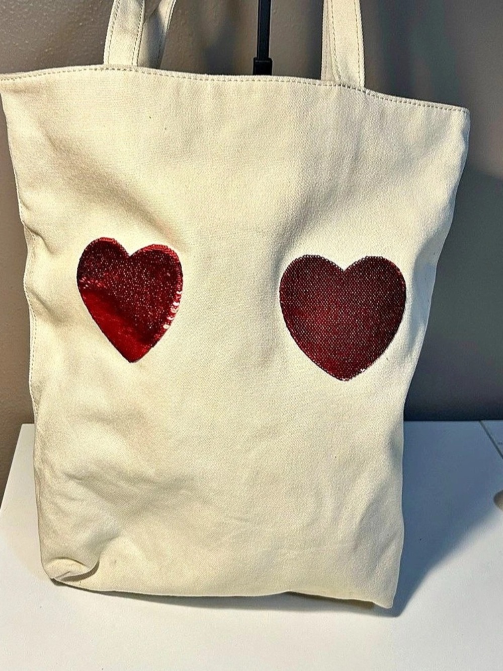 Marc Jacobs Sequin Heart Tote Shoulder Bag Cotton Natural Red Travel Designer